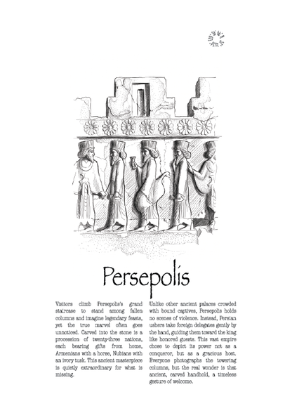 A vintage-style illustrated travel poster featuring a stone carving of the grand staircase at persepolis, above the title 'Persepolis,' with several paragraphs of text below on a white page.