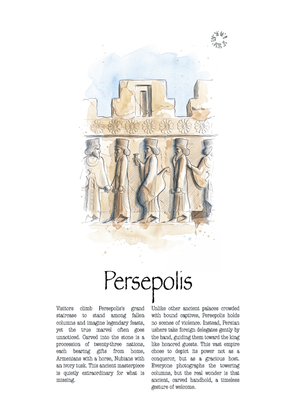 A travel poster for Persepolis featuring an illustration of ancient stone pillars and a palace, with descriptive text below on a white background.