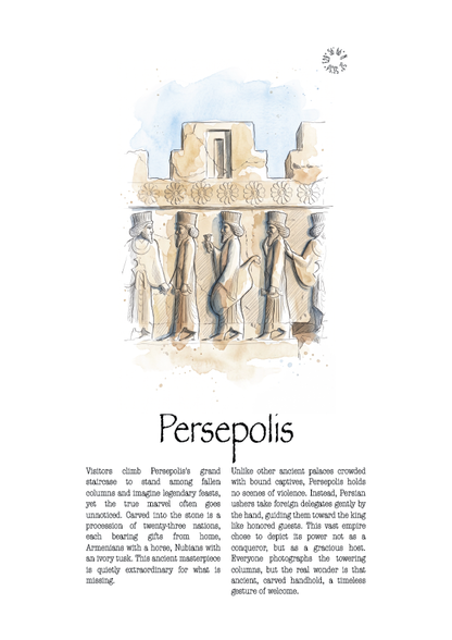 A travel poster for Persepolis featuring an illustration of ancient stone pillars and a palace, with descriptive text below on a white background.