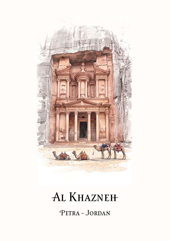 A travel art print featuring a watercolour illustration of the Al Khazneh Treasury in Petra, Jordan, with camels at its base, on an off-white background with the text 'AL KHAZNEH' and 'PETRA - JORDAN' below.