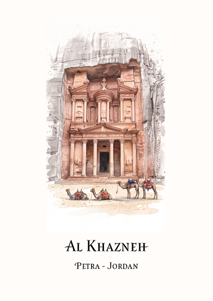 A travel art print featuring a watercolour illustration of the Al Khazneh Treasury in Petra, Jordan, with camels at its base, on an off-white background with the text 'AL KHAZNEH' and 'PETRA - JORDAN' below.