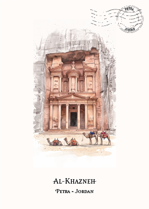 A travel art print postcard featuring a watercolour illustration of the Al Khazneh Treasury in Petra, Jordan, with camels at its base, on an off-white background with the text 'AL KHAZNEH' and 'PETRA - JORDAN' below and a postmark top right.