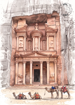 A travel art print postcard featuring a watercolour illustration of the Al Khazneh Treasury in Petra, Jordan, with camels at its base, on an off-white background and a postmark top right.