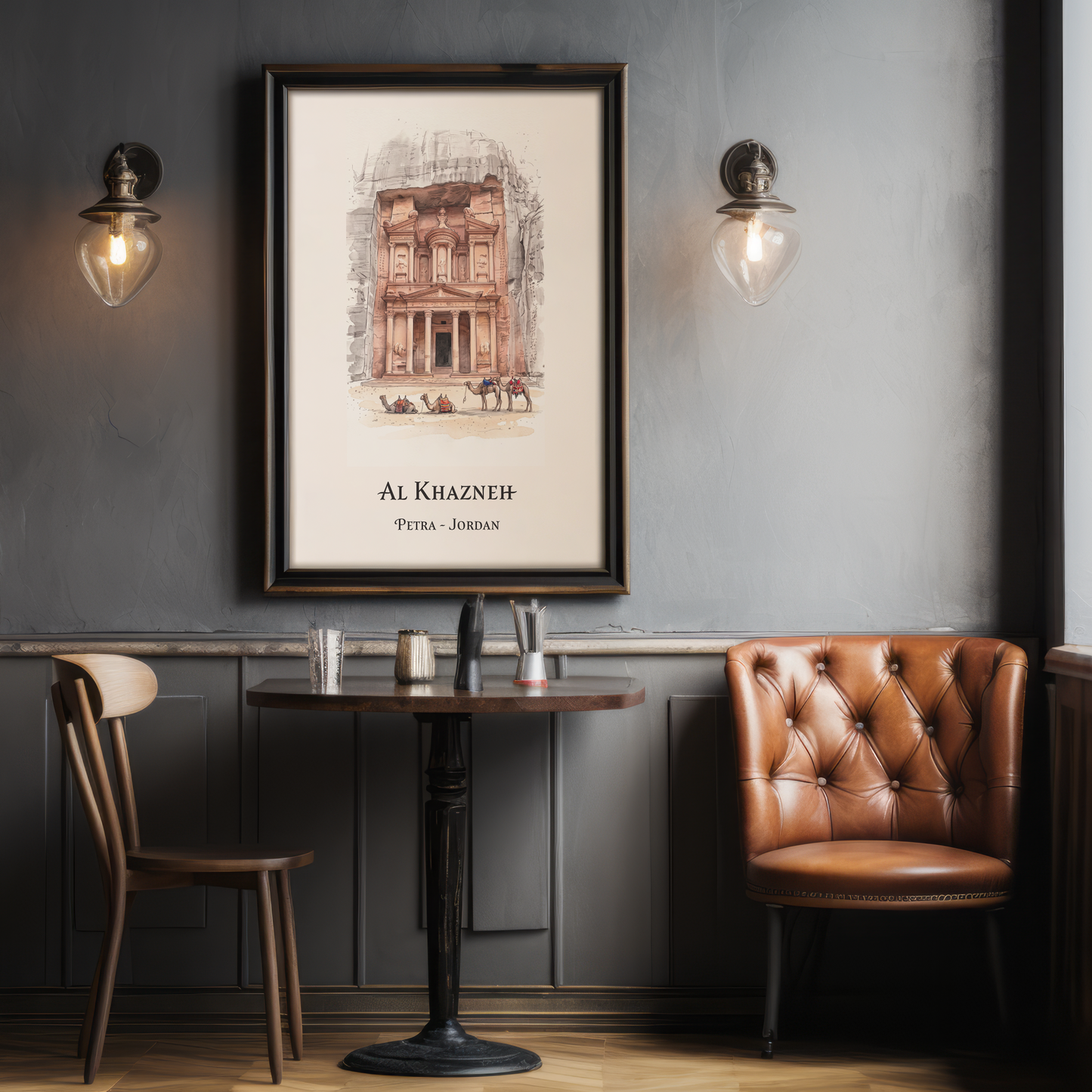 Framed travel poster featuring a watercolour illustration of the Al Khazneh Treasury in Petra, Jordan, with camels at its base, on an off-white background with the text 'AL KHAZNEH' and 'PETRA - JORDAN' below on a grey textured wall in a cafe scene with wooden table and a wooden chair and a brown leather chair to the right.