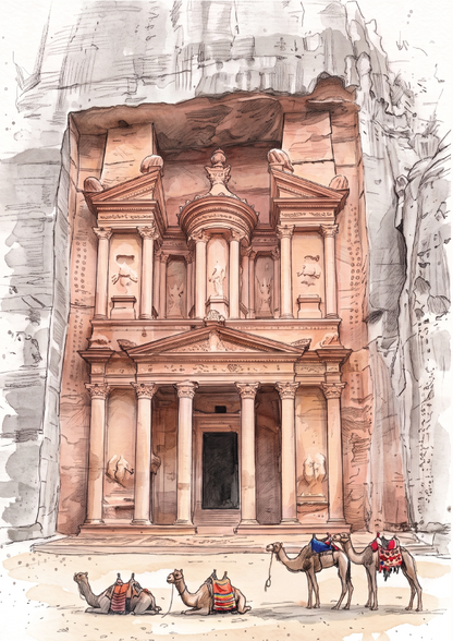 A travel art print featuring a watercolour illustration of the Al Khazneh Treasury in Petra, Jordan, with camels at its base, on an off-white background.