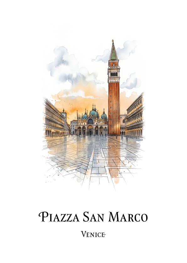 Watercolour-style travel art print of Piazza San Marco in Venice, showing the bell tower, historic buildings, and reflective stone plaza on a white background with the text 'Piazza San Marco' and 'Venice' below.