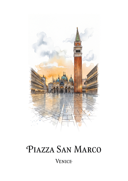 Watercolour-style travel art print of Piazza San Marco in Venice, showing the bell tower, historic buildings, and reflective stone plaza on a white background with the text 'Piazza San Marco' and 'Venice' below.