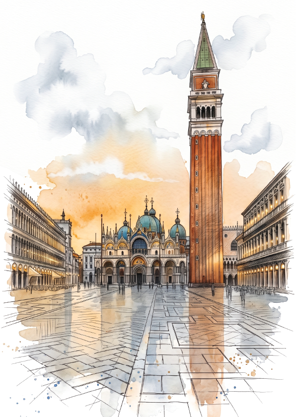 Watercolour-style artwork of a Piazza San Marco square plaza with a tall bell tower, historic buildings on both sides, and a domed cathedral in the background under a warm orange sky with white clouds.