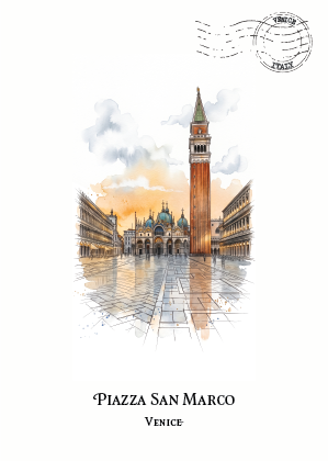 Watercolour-style travel poster of Piazza San Marco in Venice, showing the bell tower, historic buildings, and a reflection pool on a white background with a postmark graphic and the text 'PIAZZA SAN MARCO VENICE' at the bottom.