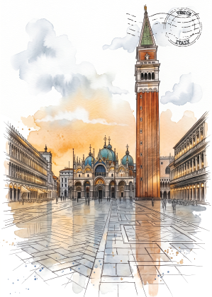 Watercolour and ink illustration of Venice's St. Mark's Square, featuring the Campanile tower, Basilica di San Marco, and surrounding buildings under a warm orange sky with soft clouds.