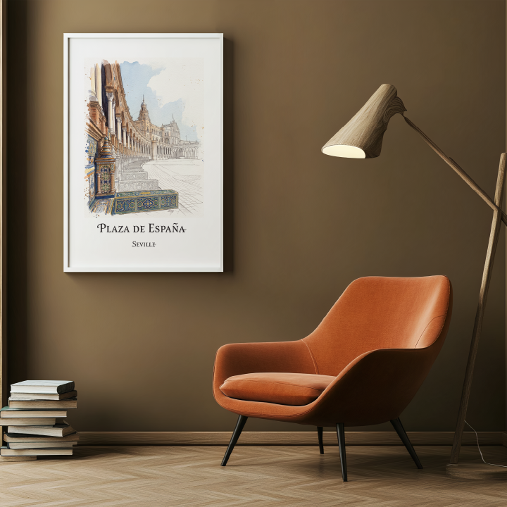 A framed art print of Plaza de España in Seville, Spain, hanging on a warm brown wall in a modern living room setting with a bookshelf, orange armchair, and floor lamp.
