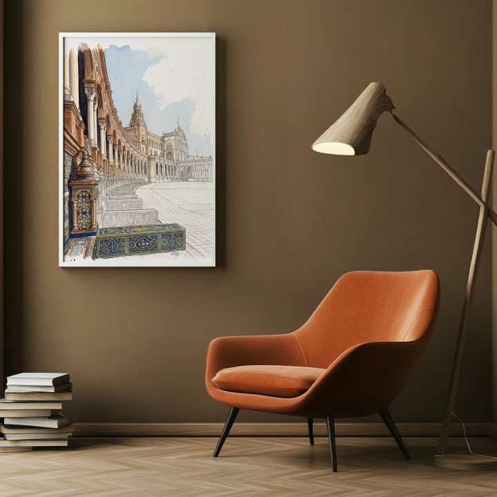 A framed art print depicting a classical architectural colonnade scene, displayed on a brown wall in a modern living room setting with a bookshelf, orange armchair, and floor lamp.