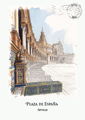 A watercolour-style travel print of Plaza de España in Seville, Spain, showing the historic colonnade, tiled bench, and plaza with a postmark stamp in the upper right. The text 'PLAZA DE ESPAÑA' and 'SEVILLE' appears below the artwork on an off-white background.