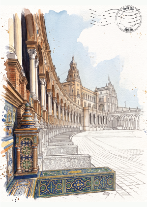 Watercolour architectural illustration of a grand colonnade and plaza with ornate tiled benches in the foreground, a postmark stamp in the upper right, and a distressed vintage paper texture.