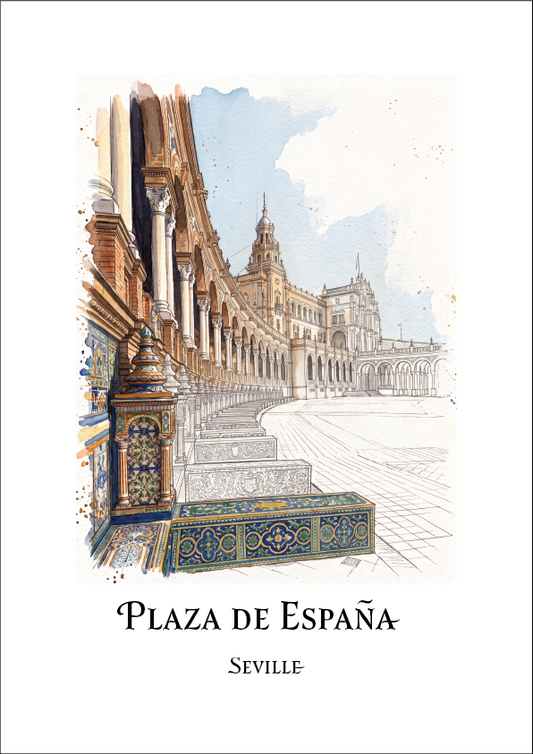 A travel art print of Plaza de España in Seville, Spain, featuring a watercolour and sketch illustration of the historic square with its tiled bench and grand architecture, set against a clean white background with the title text below.