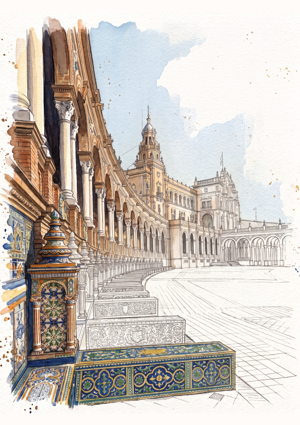 Watercolour architectural illustration of a grand plaza with a colonnade, ornate tiled benches, and a historic building in the background, rendered in soft blue, beige, brown, and gold tones.