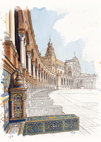 Watercolour architectural illustration of a grand plaza with a colonnade, ornate tiled benches, and a historic building in the background, rendered in soft blue, beige, brown, and gold tones.
