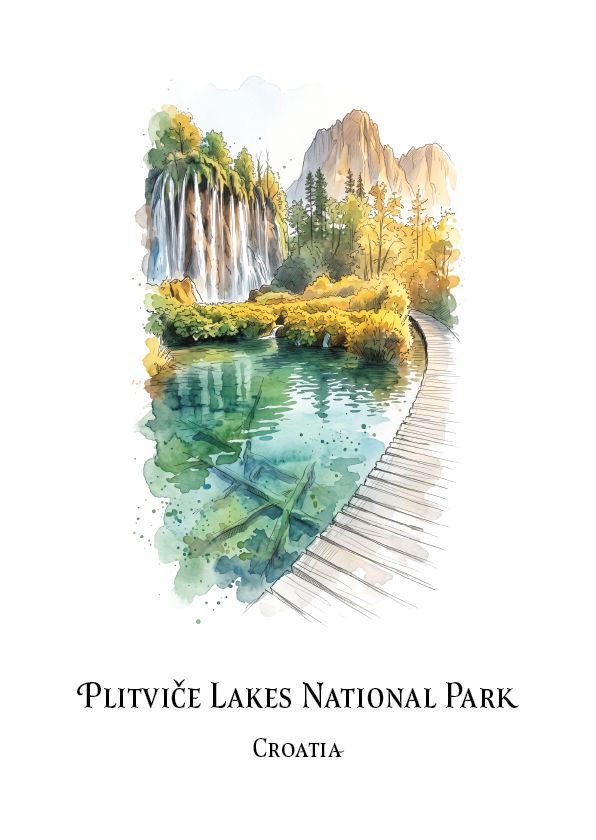 A travel art print of Plitviž Lakes National Park in Croatia, featuring a watercolour illustration of the park's scenery with a wooden boardwalk, green and yellow foliage, and clear blue-green water, set against a white background with black text.