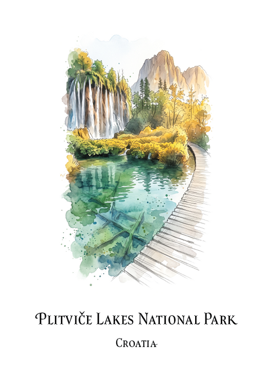 A travel art print of Plitviž Lakes National Park in Croatia, featuring a watercolour illustration of the park's scenery with a wooden boardwalk, green and yellow foliage, and clear blue-green water, set against a white background with black text.