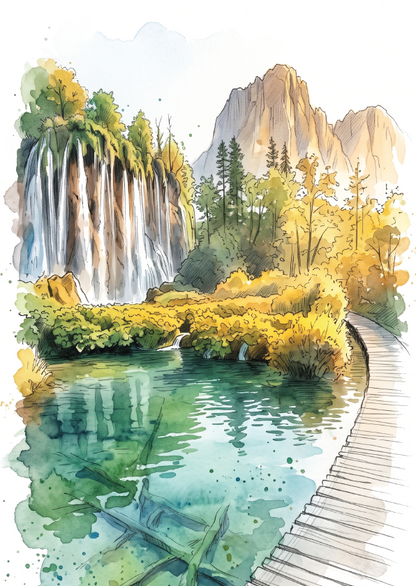 Watercolour-style landscape artwork showing a Plitvice National Park and waterfall beside a clear turquoise pool, with yellow-green foliage, tall mountains in the background, and a wooden boardwalk along the lower right.