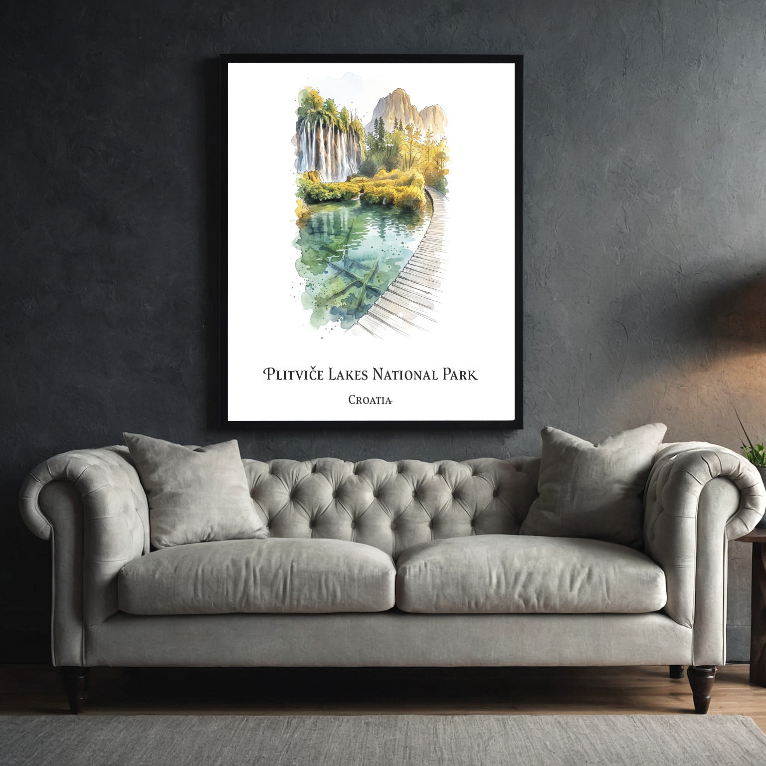 A framed art print of Plitvice Lake National Park, Croatia, displayed on a dark grey textured wall above a grey tufted sofa in a modern living room setting.