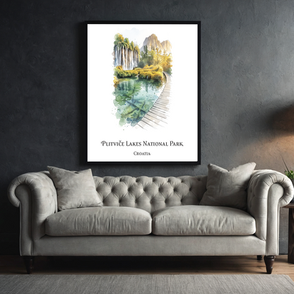 A framed art print of Plitvice Lake National Park, Croatia, displayed on a dark grey textured wall above a grey tufted sofa in a modern living room setting.