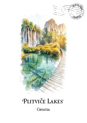 Watercolour-style travel poster of Plitviž Lakes in Croatia, showing a wooden boardwalk beside turquoise water, green and yellow foliage, and mountains, with a circular postmark graphic at the top and the text 'PLITVICE LAKES' and 'CROATIA' below.