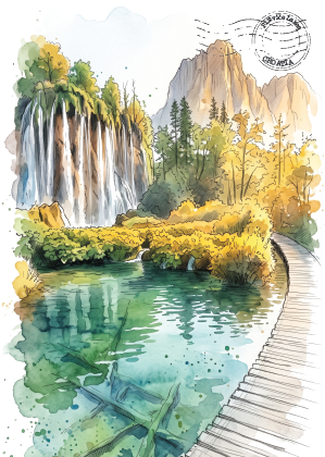 Watercolour-style scenic artwork showing a waterfall beside a turquoise pool, with yellow-green foliage, distant mountains, and a curved wooden boardwalk. A circular postmark graphic appears in the upper right.