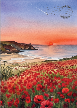 Watercolor-style coastal landscape artwork showing a sandy beach, ocean, rocky cliffs, and a foreground field of red poppies under a blue-to-orange sunset sky with a postage mark in the upper right.