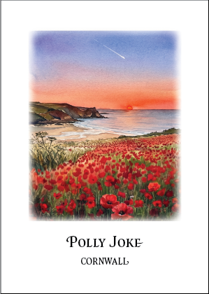 Painting of a coastal scene with red poppies in the foreground, titled 'Polly Joke Cornwall'.
