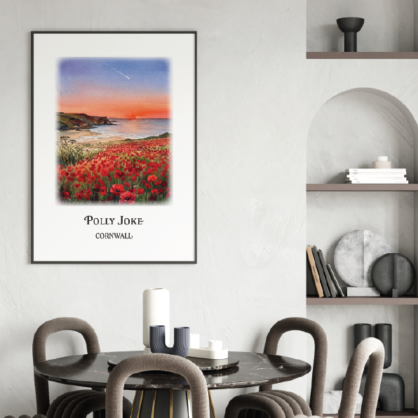 Framed artwork of a field of red flowers with a sunset over water in a modern dining room.