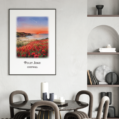 Framed artwork of a field of red flowers with a sunset over water in a modern dining room.