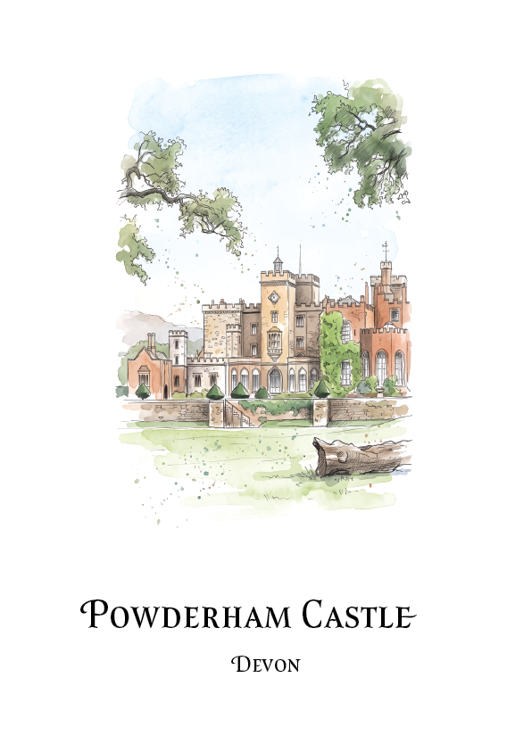 A watercolour-style art print of Powderham Castle in Devon, featuring the castle, trees, and a small tree trunk on a light green lawn, with the text 'Powderham Castle' and 'Devon' below.