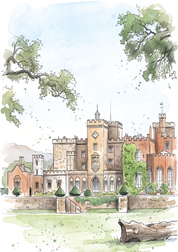 Watercolour-style illustration of Powderham castle  with towers, set among green trees and grass, with a log in the foreground and a pale blue sky above.