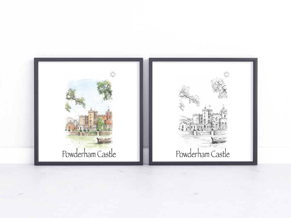 Two framed art prints of Powderham Castle, one featuring a colourful watercolor illustration and the other a black and white sketch, displayed side-by-side on a white marble surface against a white wall.