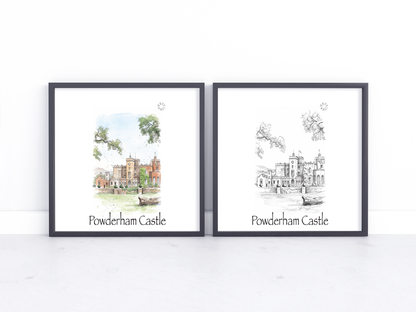 Two framed art prints of Powderham Castle, one featuring a colourful watercolor illustration and the other a black and white sketch, displayed side-by-side on a white marble surface against a white wall.