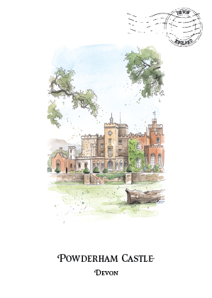 Watercolour-style illustration of Powderham castle, set among green trees and grass, with a log in the foreground and a pale blue sky above and stamp graphic in the top right hand side.