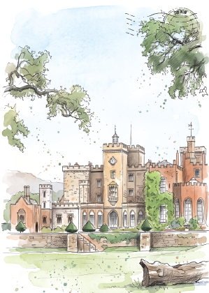 Watercolour-style illustration postcard of Powderham Castle, set beside a grassy foreground and trees overhead.