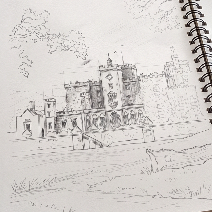 A pencil sketch of Powderham Castle drawn in a spiral notebook with visible spiral binding on the right side.