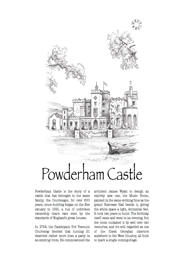 A black and white architectural art print featuring a detailed illustration of Powderham Castle with surrounding trees and a small horse-drawn carriage, accompanied by a block of descriptive text below the title.