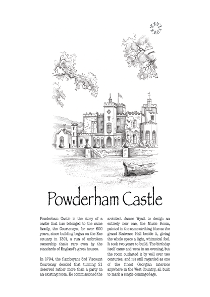 A black and white architectural art print featuring a detailed illustration of Powderham Castle with surrounding trees and a small horse-drawn carriage, accompanied by a block of descriptive text below the title.