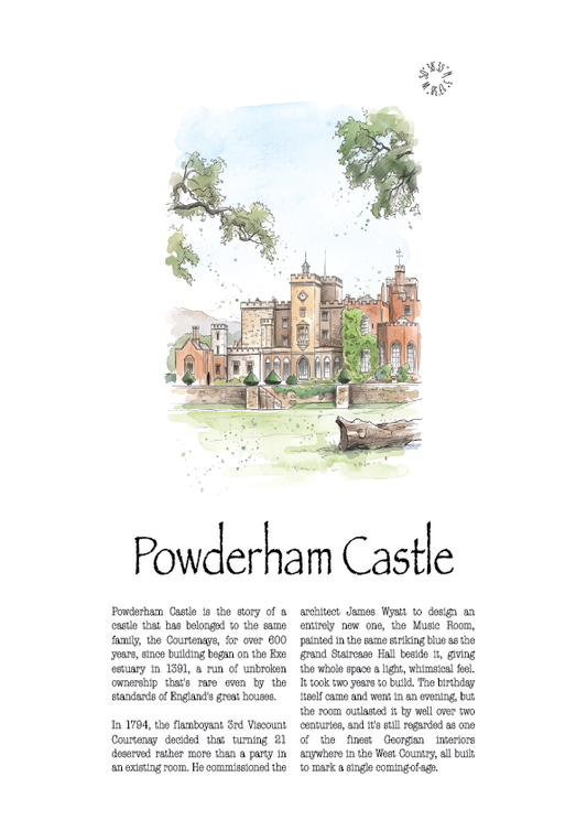 A printed poster or page featuring an illustrated view of Powderham Castle with a block of text below the title. The design is mostly white with a central scenic illustration in soft blue, green, and beige tones, and black title text reading 'Powderham Castle.
