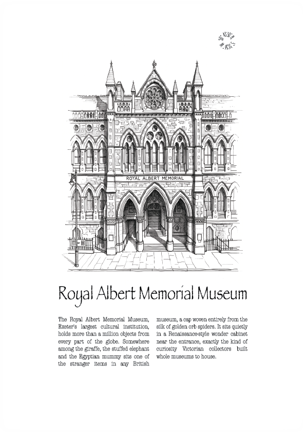A black and white line art illustration of the Royal Albert Memorial Museum on a white background, with the title 'Royal Albert Memorial Museum' and a short descriptive text below.