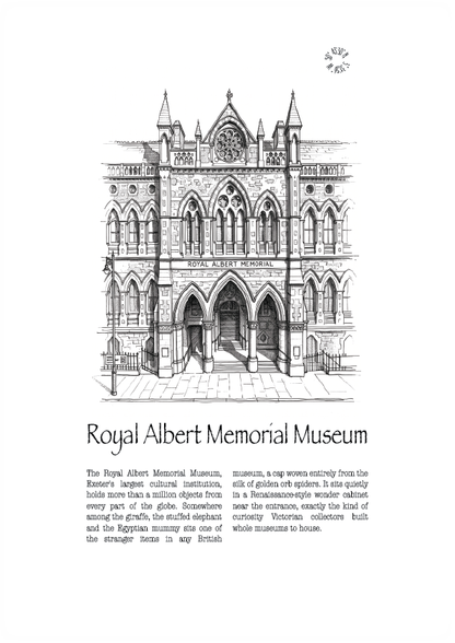 A black and white line art illustration of the Royal Albert Memorial Museum on a white background, with the title 'Royal Albert Memorial Museum' and a short descriptive text below.