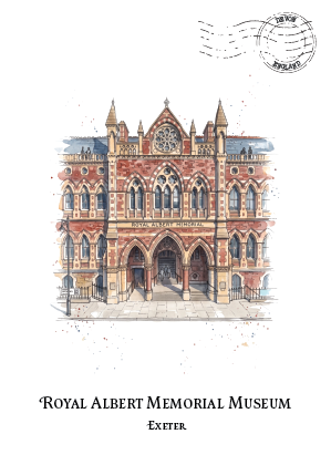 A watercolour-style illustration of the Royal Albert Memorial Museum in Exeter, shown on a white background with a faint postmark graphic above and the text 'ROYAL ALBERT MEMORIAL MUSEUM' and 'EXETER' below.