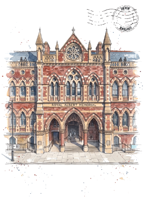 A watercolour and ink illustration of the Royal Albert Memorial building, shown with a faint postmark graphic in the upper right corner on a white background.