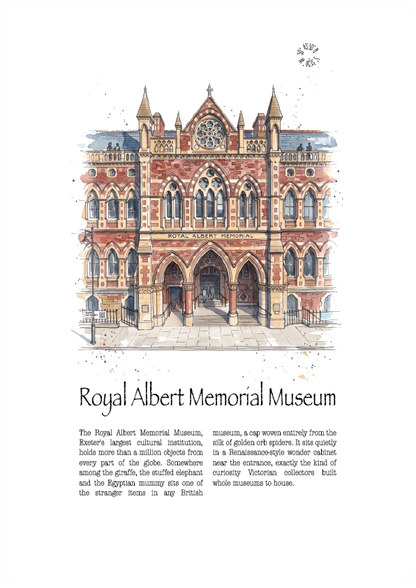A watercolour-style art print of the Royal Albert Memorial Museum in Exeter, featuring a detailed illustration of the building above a block of descriptive text on a white background.