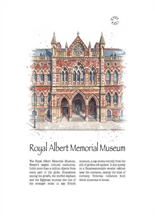 A watercolour-style art print of the Royal Albert Memorial Museum in Exeter, featuring a detailed illustration of the building above a block of descriptive text on a white background.