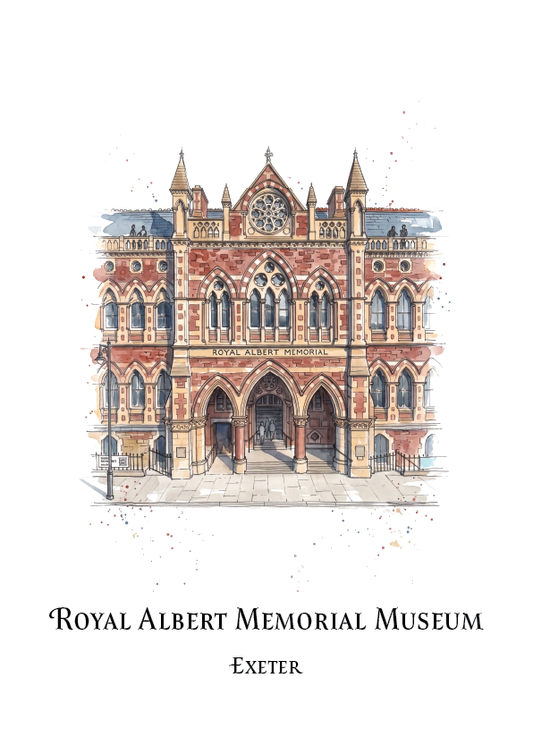 A watercolour-style architectural illustration of the Royal Albert Memorial Museum in Exeter, shown on a white background with the text 'ROYAL ALBERT MEMORIAL MUSEUM' and 'EXETER' below.