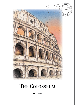 A travel art print or postcard featuring an illustration of the Colosseum in Rome, with a blue and orange sunset sky, a circular stamp graphic in the top right, and the text 'THE COLOSSEUM' and 'ROME' printed below on a white background.